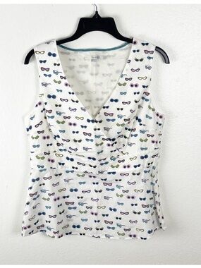 Boden White V-Neck Sleeveless Top with Multicolor Sunglasses Print